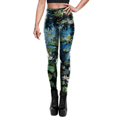 Women's Water Lily Printing High Waisted Yoga Leggings