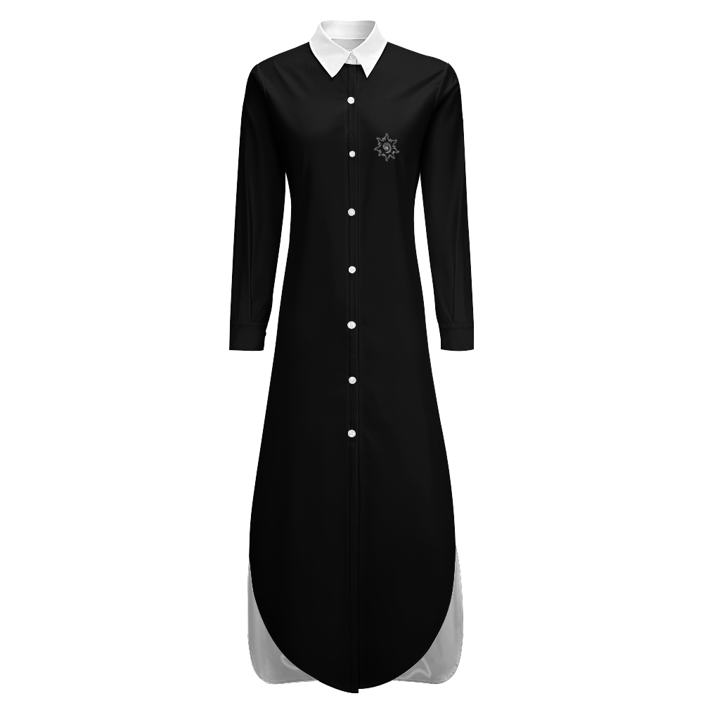 Long Sleeves Shirt Dress Button Up Slit Skirt B/W - Image #5