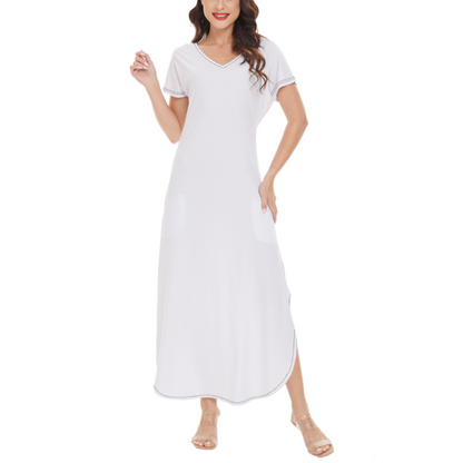 V Neck Long Stylish Short Sleeve Dress White