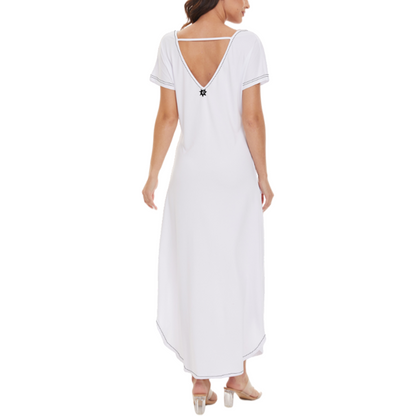 V Neck Long Stylish Short Sleeve Dress White