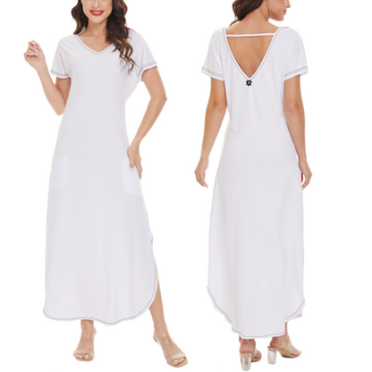 V Neck Long Stylish Short Sleeve Dress White