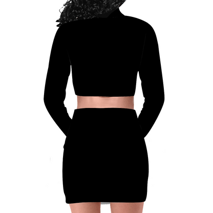 Long Sleeve Zip Up Top and Short Skirt Set Black